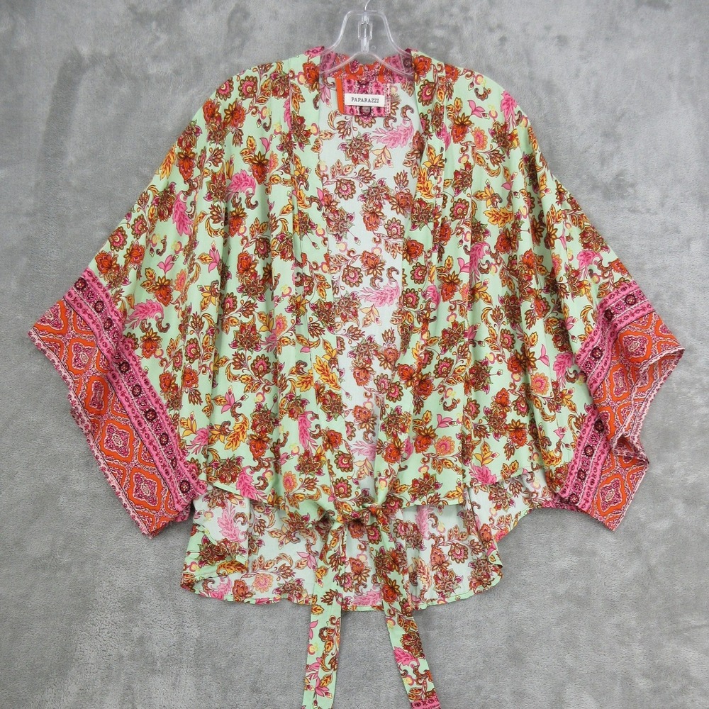 Paparazzi Top Womens Size L XL Floral Kimono Sleeve Tie Front Boho Boxy Pink